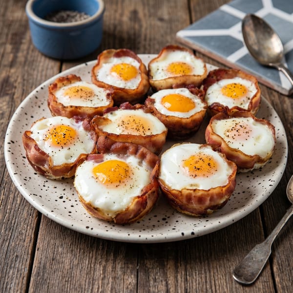 A white plate holds nine bacon-wrapped egg cups, sprinkled with pepper, on a rustic wooden table.