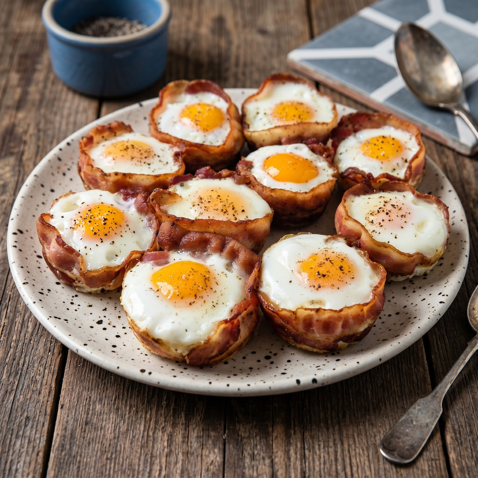 A white plate holds nine bacon-wrapped egg cups, sprinkled with pepper, on a rustic wooden table.