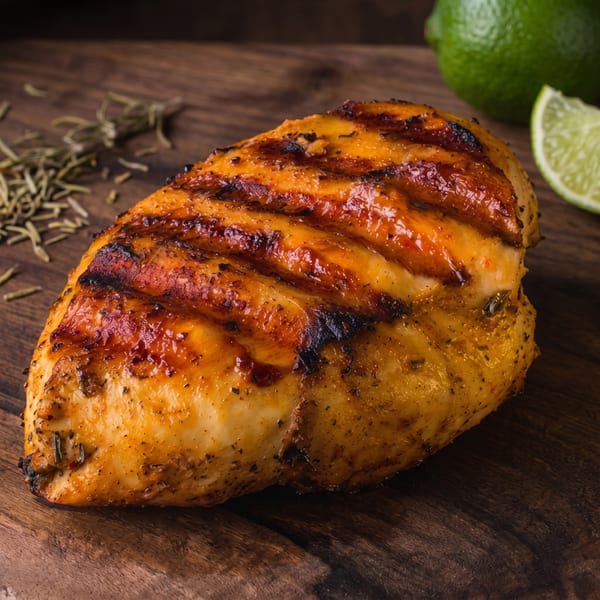 Grilled chicken breast with grill marks, rosemary, and lime on a dark wooden surface.