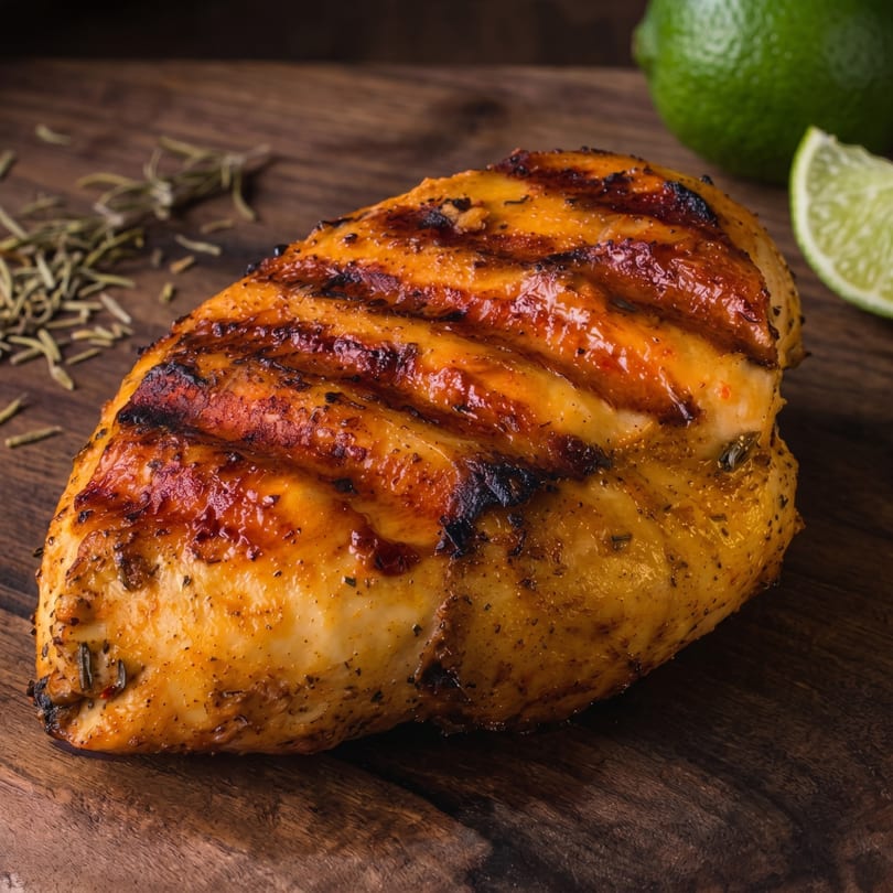 Grilled chicken breast with grill marks, rosemary, and lime on a dark wooden surface.